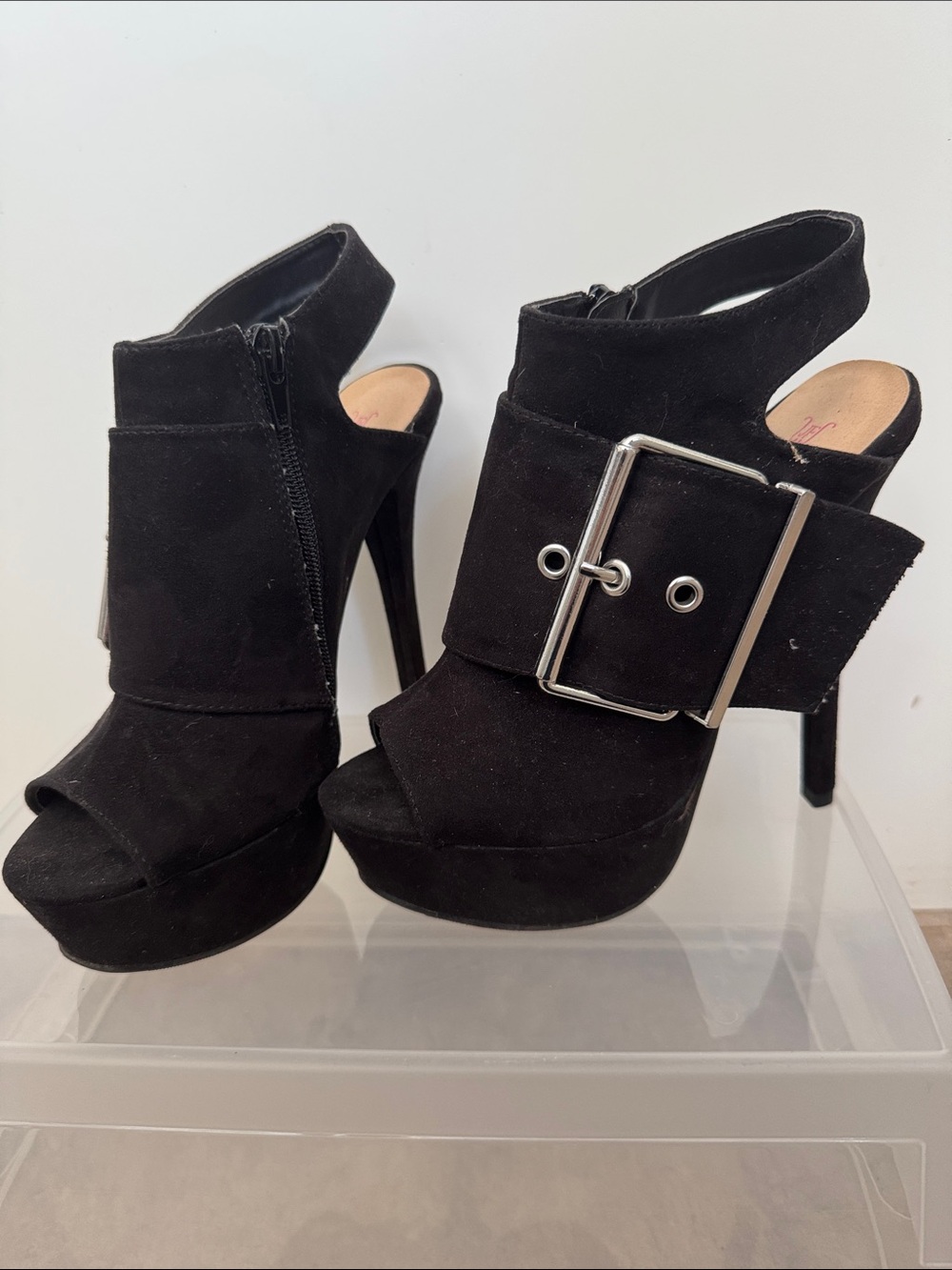 JustFab Black Suede Peep-Toe Platform Heels with Oversized Silver Buckle